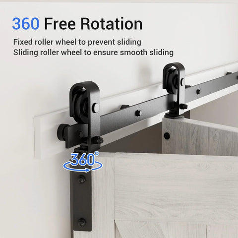 Close-up of black track with J-shape rollers from Bi-Folding Sliding Barn Door Hardware Kit For Two Doors, 360-degree rotation feature