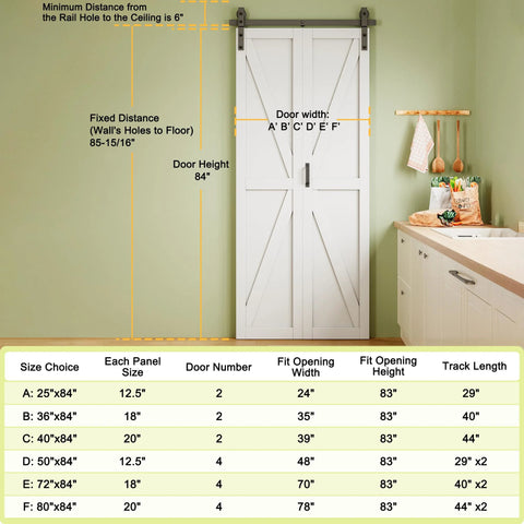 Space Saving 64 By 84 Inch Pre Assembled Solid Core Bifold Barn Door With White Primed Finish Folding Barn Door Kit Included For Closet Pantry Laundry Office Study And More installed in a laundry room with measurements chart