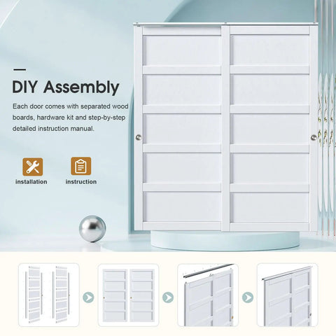 Sliding Closet Door 72x80 Inches, 5-Panel Bypass Barn Doors With Hardware Track Kit, White Finish, DIY assembly guide