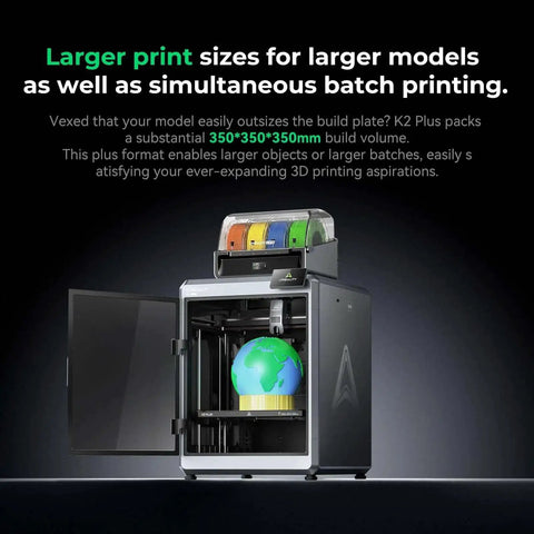 Front view of K2 Plus Combo 3D Printer With All New CFS Color System For Multi Color Printing up to 16 colors, massive build volume.