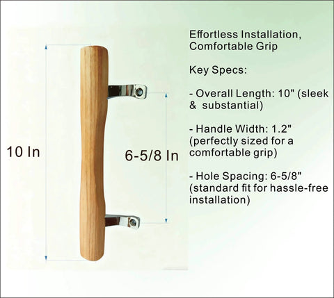 Natural Solid Wood Sliding Patio Door Handle With Ergonomic Curved Grip For Comfortable Pulls Wooden Sliding Glass Door Handle Designed For Patio And Screen Doors Replacement Pull With Diecast Chrome Brackets Measures Six And Five Eighth Inches, shown with dimensions