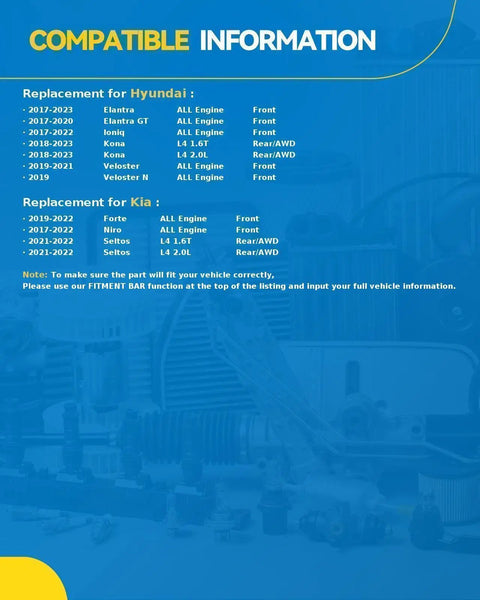 Compatible information for Hyundai and Kia models 2017-2022 detailing AWD Front Or Rear Wheel Bearing Hub Assembly 5 Lug Drops In And Fits