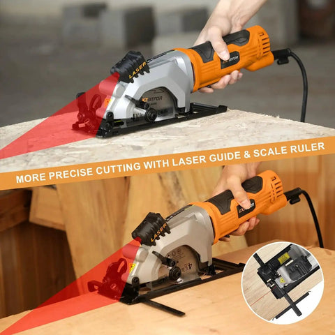 Powerful Corded Mini Circular Saw With Laser Guide Extbtfor cutting wood, showcasing laser guide and precise scale.