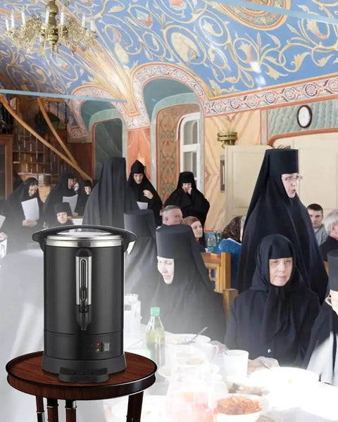 Big Ol 12L 3 Point 2 Gallon Stainless Steel Coffee Urn With Double Wall Insulation Electric Hot Beverage Dispenser on table at event