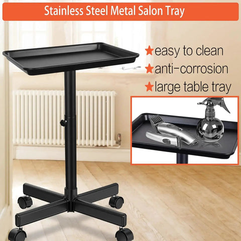 Height Adjustable Rolling Salon Tray on Wheels with Multi Level Height Range from 28 to 44 Inches in black, sturdy metal frame.