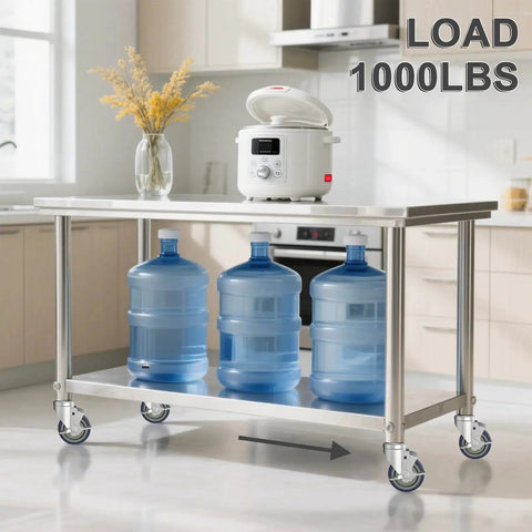 4 Inch Prep Table Casters Set Of 4 With Brakes For Commercial Kitchen Tables, supporting stainless steel table, loaded with water jugs