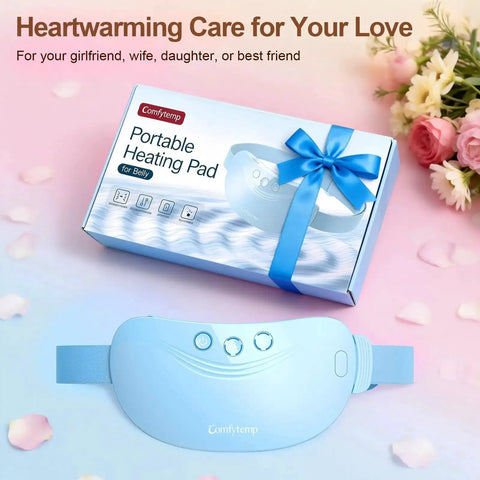 Cordless Portable Heating Pad For Period Cramps On The Go with packaging, showing wearable abdominal belt and floral setting.