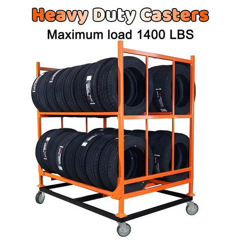 5 Inch Stem Locking Caster Wheels Set Of 4 For Wire Shelving Racks Heavy Duty With Brakes Non Marking Thermoplastic Rubber Wheels Each Caster Supports 350 Lb And Total Up To 1400 Lb as displayed on an orange tire rack