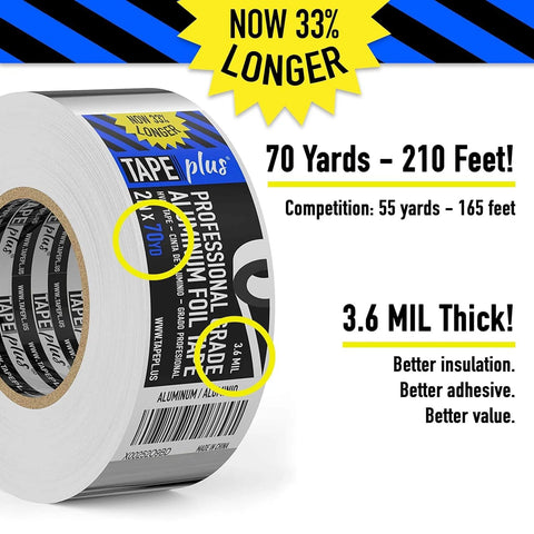 TapePlus aluminum foil HVAC tape roll, silver, 2 in x 70 yd, 3.6 mil thick.