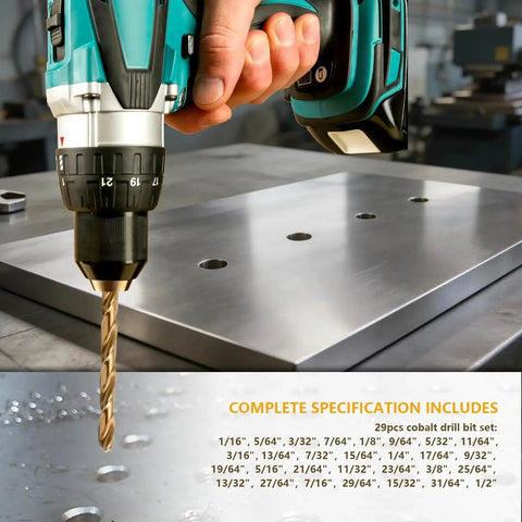 Pro Grade Heavy Duty Cobalt Drill Bit Set With 29 Pieces M35 High Speed Steel Twist Drill Bits drilling into metal plate