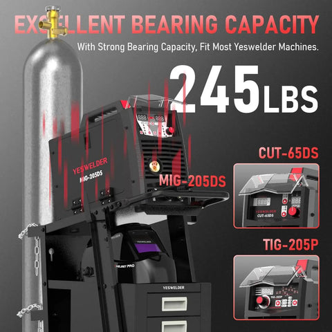 Heavy Duty Welding Cart With Four Drawers For MIG, TIG, And Plasma Cutter, shown with 245 lb capacity and cylinder rack.