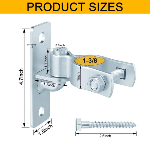 Diagram of Heavy Duty Wall Mount Gate Hinges 1 3 8 Inch Galvanized Steel With Four Screws and dimensions for fences and doors
