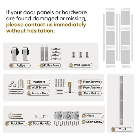 Installation kit components for Frosted Glass Bifold Closet Doors 30 Inch Wide By 84 Inch Tall With 3 Lite Panels Brushed Nickel Sliding Hardware Kit