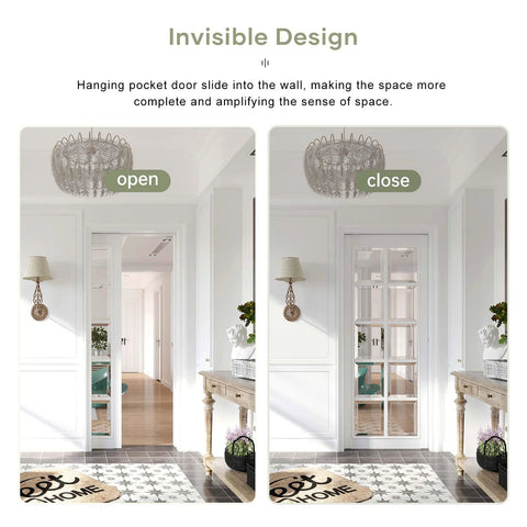 Six Foot Soft Close Pocket Door Hardware Kit With Aluminum Box Rail, Concealed Track, shown installed in open and closed positions