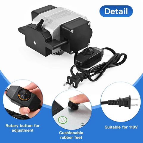 Powerful Air Assist Pump For Laser Engravers D1 And D1 Pro With 30 LPM Output And Strong Airflow To Blow Away Smoke And Debris For Cleaner Engraving And Faster Results Low Noise Adjustable Knob For Wood And Metal By Ktondic showing rotary button, rubber feet, and plug cord
