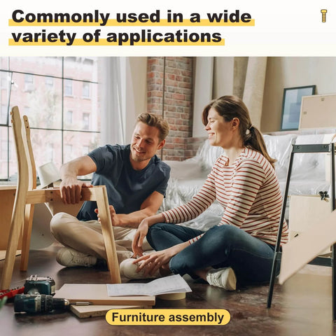 Couple assembling furniture at home using 10 Pack M2.5 0.45x8 Socket Head Cap Screws Carbon Steel Allen Drive Black Oxide Fasteners.