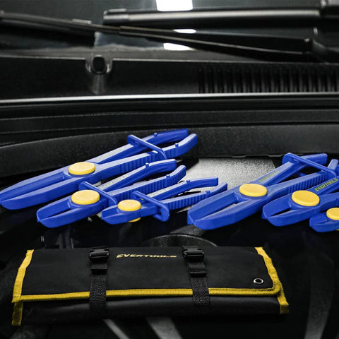 Evertools 6-piece blue hose pinch clamp pliers set with yellow button grips in Oxford tool bag