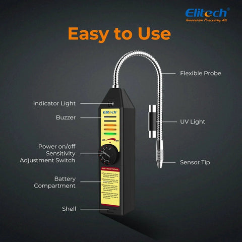 Freon Leak Detector For Halogen Refrigerants With Adjustable Sensitivity For HVAC And AC Sniffing Elitech WJL6000S showing parts