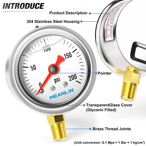 MEANLIN pressure gauge, 0–200 psi, glycerin-filled, stainless steel housing, lower mount, 1/4 in NPT and 3/8 in NPT hex bushings