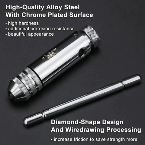 Close-up of Ratchet T Handle Tap Wrench and 5 Metric Taps M3 M4 M5 M6 M8 Handy Two Way Adjustable Tapping Tool Kit for Home Workshop