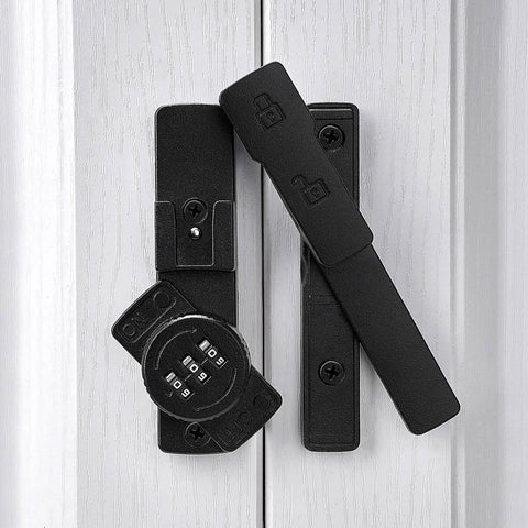 Matte Black 180 Degree Barn Door Lock With 3 Digit Keyless Password Latch Flip Lock on white door