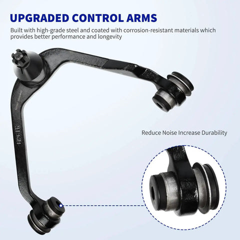 Front upper suspension control arm with black metal finish and rubber bushings; side view with bushing close-up inset.