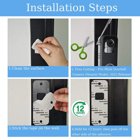 Installation steps for Heavy Duty Double Sided Adhesive Strips For Video Doorbells 4 Pack Mounting Tape That Sticks In Minutes No Drilling No Screws Mess Free Removal Stays Put For Blink Doorbell 2024 Model, illustrating surface preparation, cutting, tape application, and waiting period.
