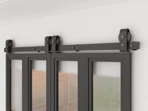 Close-up of Frosted Glass Double Bi Fold Barn Doors with Black Steel Frame and Sliding Hardware Kit installed.