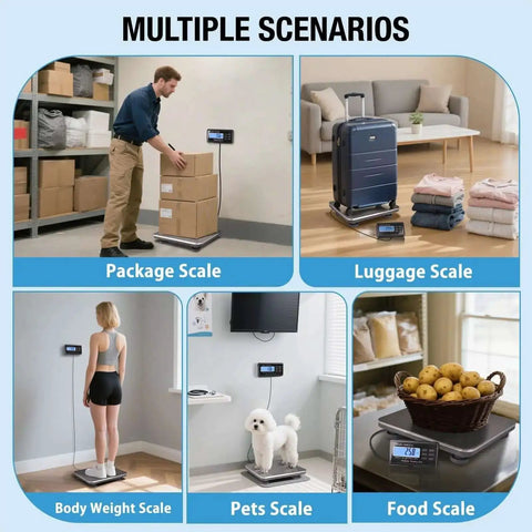 Beefy 660 Pound Postal Shipping Scale With 14 By 12 Inch Stainless Platform used for packages, luggage, body weight, pets, and food.