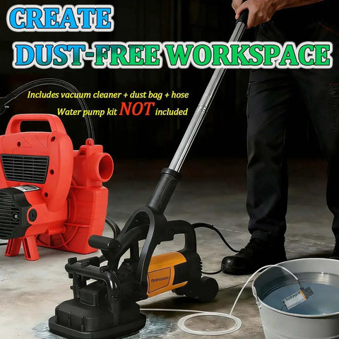 Front view of Beefy 4 Head Concrete Planer And Floor Grinder With 3800W High Torque Polisher, vacuum cleaner, and accessories.