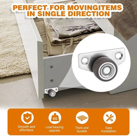 1 Inch Side Mount Caster Wheels Set Of 4 Non Swivel Rigid Mini Furniture Casters installed on drawer with close-up inset view.