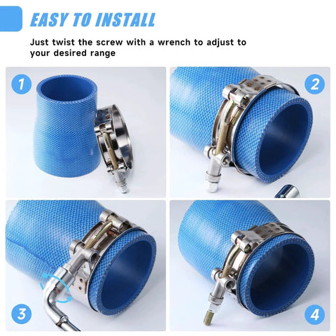 Sixteen Pack T Bolt Hose Clamps Set With Eight Size Options From 3/4 Inch To 2.5 Inch Including 1 Inch 1.25 Inch 1.5 Inch 1.75 Inch 2 Inch 2.25 Inch 2.5 Inch Premium 304 Stainless Steel Heavy Duty Radiator Hose Clamp Kit shown installed on blue hose