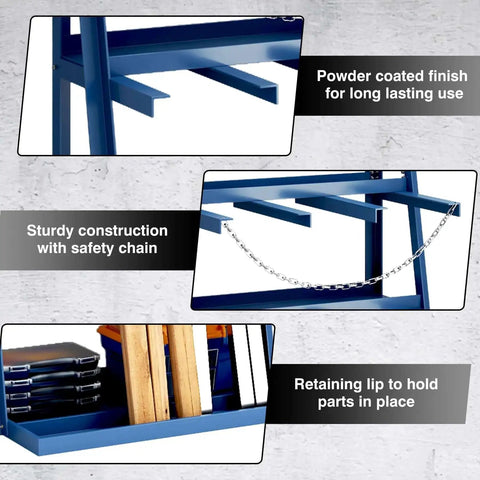 Workhorse Steel Bar Rack For Lumber And Pipe Storage, Freestanding Long Parts Organizer With Safety Chains, 3000 Lb Capacity, Durable Iron Construction, 39 In Depth, 24 In Width, 84 In Height, Blue with safety chains and retaining lip features visible.