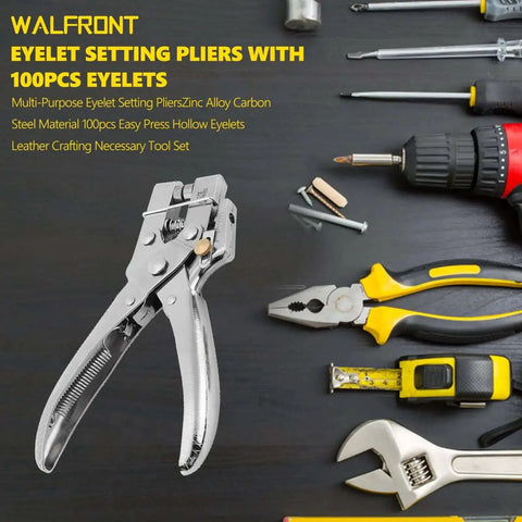 Heavy Duty Eyelet Pliers Kit With 100 Steel Eyelets and tools on a workbench, showcasing ergonomic design and carbon steel construction.