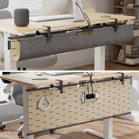 2 In 1 Under Desk Cable Management Tray And Privacy Panel With Dual Sided Felt Cord Organizer shown installed under a desk