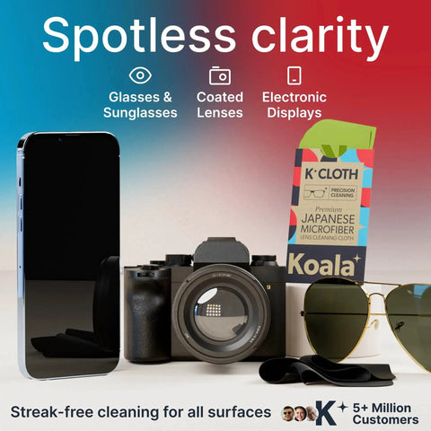 Japanese Microfiber Lens Cleaning Cloths For Glasses Cameras VR Screens Six Pack shown with camera and sunglasses