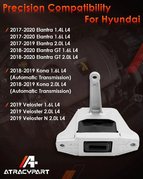 Engine Motor Mount Right Side Silver Aluminum Chassis Mount Compatible With 2017 To 2020 Hyundai Elantra GT Kona 1.4L 1.6L 2.0L Replaces 21810 J9000 21810 F2000 displayed with compatibility list.