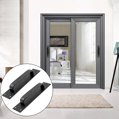 Two Pack Sliding Barn Door Handle Set In Black 7.9 Inch Aluminum Alloy Door Pull installed on modern interior sliding doors.