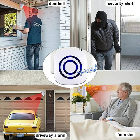 Long Range Wireless Driveway Alarm System For Home Security With Motion Sensors 4 Detectors And 2 Alarms, shown in multiple scenarios.