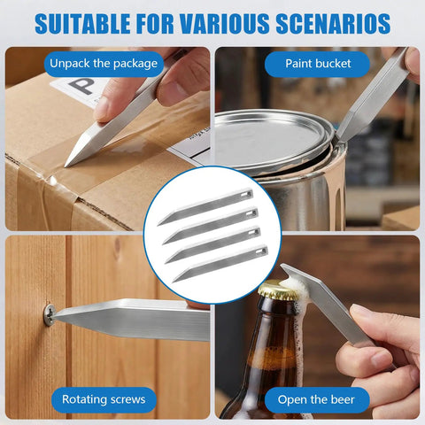 8 Piece Stainless Steel EDC Pry Bar Set For Everyday Carry shown opening a box, paint can, bottle, and turning a screw.