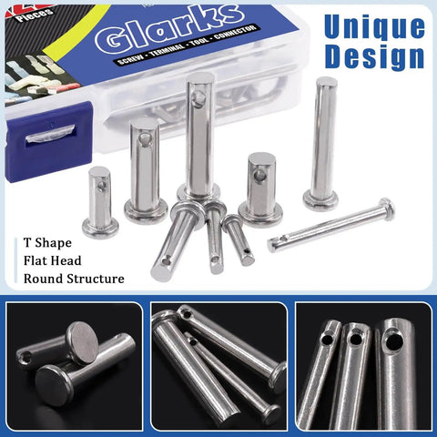 Close-up of 122-Piece Pin Fastener Set with 4 styles clevis pins, cotter pins, dowel pins, and hair pins in stainless steel.