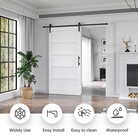 White Five Panel Barn Door With 7 Foot Track Kit Included 42 By 84 Inch Solid MDF Wood Slab Covered With Waterproof Scratch Resistant PVC Surface DIY Assembly And Easy Install, installed in living room