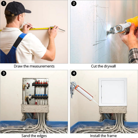 QWORK drywall access panel prep: installer measures wall with tape measure.
QWORK 10x10 inch plastic access panel: cutting drywall opening.
QWORK drywall access panel install: wall open with plumbing manifold and pipes.
QWORK drywall access panel install: white framed panel mounted with sealant.