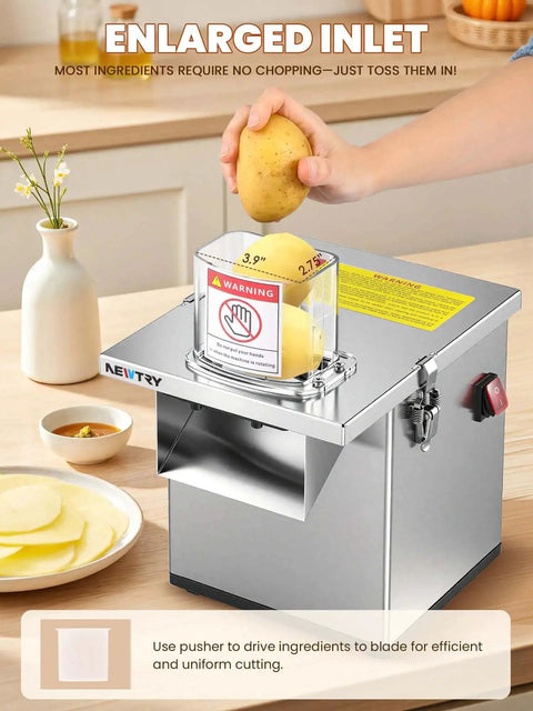 4 In 1 Commercial Vegetable Processor Electric Veggie Slicer Dicer Shredder And Crinkle Cutter All Stainless Steel 110 Volt 200W Heavy Duty Kitchen Workhorse For Restaurant Use By Newtry showing potatoes being processed.