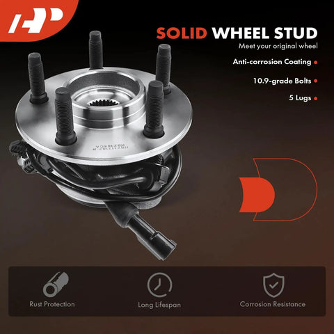 2 Front Wheel Bearing And Hub Assembly With ABS For Ford Explorer Explorer Sport Trac Ranger Mercury Mountaineer Mazda B4000 1995 To 2009 4WD AWD 5 Lug, shown with anti-corrosion coating and ABS sensor
