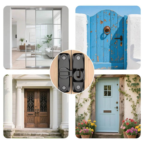 Heavy Duty Black Sliding Barn Door Lock Set, 2 Pack With Adjustable 90 To 180 Degree Latch displayed with various door styles