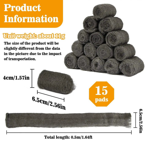 Image showing Extra Fine 0000 Steel Wool Pads Set For Wood Glass Polishing 15 Pack with size details and stacked display.