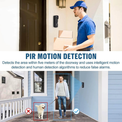 1080P Wireless Video Doorbell Camera with Ring Chime installed on wall detecting human motion with packages, uses smart human detection