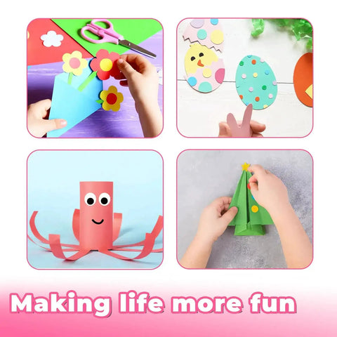 Collage of crafting with scissors, flowers, eggs, octopus figure, and Christmas tree showcasing creative DIY projects.
