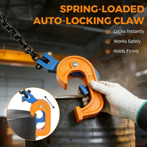 2 Ton Drum Lifter For 55 Gallon Drums With Forklift Hoist Chain And 4 Hooks lifting a drum with spring-loaded claw